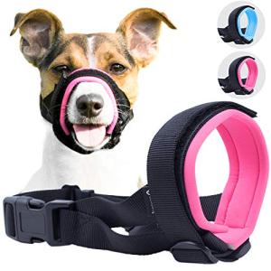 Gentle Muzzle Guard for Dogs - Prevents Biting and Unwanted Chewing Safely – New Secure Comfort Fit - Soft Neoprene Padding – No More Chafing – Training Guide Helps Build Bonds with Pet (M, Pink)