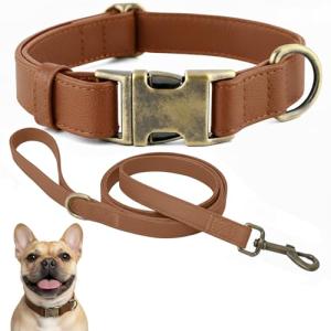 Silicone Dog Collar and Leash Set, Waterproof & Odor-Proof Puppy Collar for Small Dogs, Soft Flexible Leather-Look Dog Collars, Durable Thick Adjustable Pet Collar (Brown, Small (9-14" Neck))