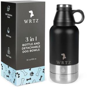 WRTZ Portable Dog Water Bottle with 2 Removable Water Bowls for Dogs – Leak-Proof Insulated Stainless Steel Dog Water Bottle - Travel Accessories for Dogs - 32oz - Black