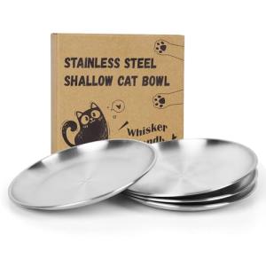 Petdream 4-Pack Stainless Steel Cat Food Bowls, Shallow Whisker-Friendly Non-Slip Silicone Base Metal Dishes, Easy to Clean Indoor Feeding Flat Plates for Cat, Kitten, Small Dog (6.7")