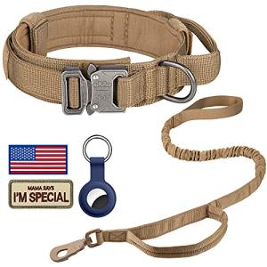 DAGANXI Tactical Dog Collar Leash Set, Adjustable Military Training Nylon Dog Collar with Controll Handle and Heavy Metal Buckle for Medium and Large Dogs，with Patches and Airtags Case (L, Brown-Set)