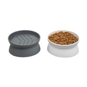 Kitty City Elevated Slow Feeder Cat Bowls (Set of 2), Whisker-Friendly Raised Cat Food Dishes with Ridges, Helps Reduce Fast Eating & Digestion Issues, Dishwasher Safe, 6.5 oz – White & Gray