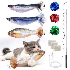 3PCS Interactive Cat Toy Floppy Fish Cat Toy with Crinkle Paper & Fishing Pole, Moving Cat Toys for Indoor Cats Boredom Relief, Rechargeable Automatic Touch-Activated Toys for Interactive Fun