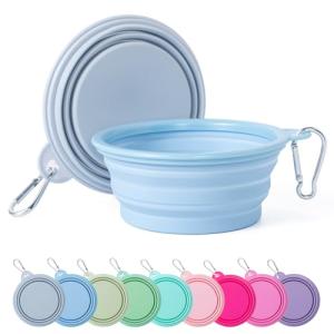 SLSON Collapsible Dog Bowl, 2Pack Macaron Color Pet Travel Bowls Silicone Foldable Water Feeder Dish for Small to Large Dogs Cat Walking Hiking Camping (Macaron Blue and Light Grey, Small)