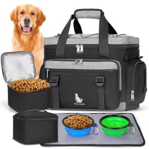 IGOLUMON Dog Travel Bag Large Pet Travel Bags Set for Supplies Weekend Travel Kit Tote Organizer Multi-Pockets Food Travel Bag with 2 Extra Large Food Containers, 2 Dog Bowls, 1 Feeding Mat