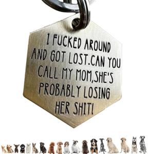 Funny Dog Tag,Stainless Steel Pet ID Tags, Personalized Got Lost Dog Collar Tag Puppy Tag Pet ID Tag,Call My Mom Before She Loses Her Shit , Gift for Small Large Dogs Cats (I fu*ked around（MOM）)
