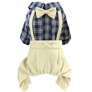 Pet Clothes Dog Shirts Classic Plaid Striped Overall Jumpsuit, Gentle Puppy Wedding Birthday Western Onesies Apparel, Fashion Daily Outfit with Bowtie for Dogs and Cats (Medium, Khaki)