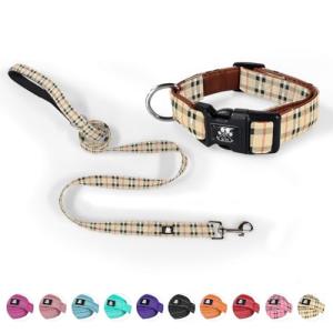 NESTROAD Dog Collar and Leash Set,Soft Neoprene Pet Collar with Quick Release Buckle,Adjustable Nylon Dog Collars for Small Medium Large Dogs(Medium Collar + 5FT Leash,Cherecked Beige)