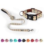 NESTROAD Dog Collar and Leash Set,Soft Neoprene Pet Collar with Quick Release Buckle,Adjustable Nylon Dog Collars for Small Medium Large Dogs(Medium Collar + 5FT Leash,Cherecked Beige)