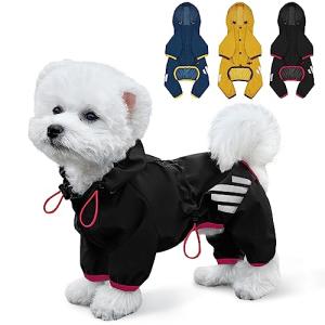 Dog Raincoat, Waterproof Dog Rain Jacket with Hood, Rain Coat with Leash Hole, Reflective Strap for Small Medium Dogs, Lightweight Puppy Clothes(Black,L)