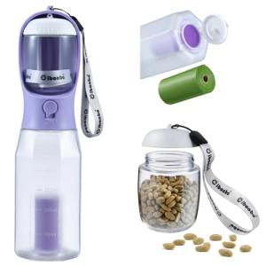 Cibaabo Dog Water Bottle with Food Container & Poop Bag Holder, Travel Water Bowl, Portable Pet Dispenser, Dog Gifts Stuff Accessories Items, Puppy Essentials for Yorkie Chihuahua Walking Hiking