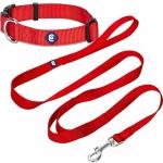 Blueberry Pet Essentials Matching Dog Collar and Double Handle Leash Set in Rouge Red, Adjustable Classic Solid Color Nylon Collar with 4 ft Leash for Large Dogs