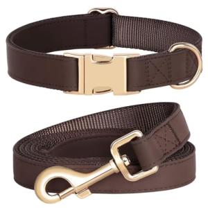 PET ARTIST Soft PU Leather Dog Collar and Leash Set, Bright & Stylish 5FT PU Leather Leash and Collar Set, Durable Pet Collars with Quick Release Metal Buckle for Large Dogs,Brown,L(16-27")