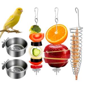 5Pcs Bird Cage Food Bowl Set, Stainless Steel Millet Holder with Parakeet Feeder, Pet Feeding Supplies