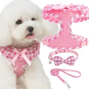 EXPAWLORER Cute Dog Harness Collar Leash Set - Pink Girl Dog Harness Checkered Step-in Design, Detachable Bow Pet Collar, Adjustable No-Choke Lightweight Mesh Vest for Cats Puppy Small Dogs, S