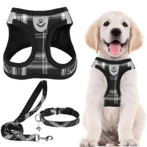 PUPTECK Adjustable Dog Harness Collar and Leash Set Step in No Pull Pet Harness for Small Medium Dogs Puppy and Cats Outdoor Walking Running, Soft Mesh Padded Reflective Vest Harnesses, Black S