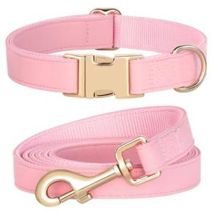 PET ARTIST Soft PU Leather Dog Collar and Leash Set, Bright & Stylish 5FT PU Leather Leash and Collar Set, Durable Pet Collars with Quick Release Metal Buckle for Small Dogs,Pink,S(9"-14")