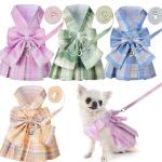 Potchen 4 Pcs Cute Plaid Dog Dress Set with Bow Tie Harness & Leash for Small Dogs, Puppy Clothes for Girls Outfits(M,Light Color)