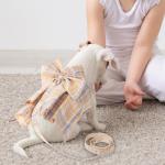 Potchen 4 Pcs Cute Plaid Dog Dress Set with Bow Tie Harness & Leash for Small Dogs, Puppy Clothes for Girls Outfits(M,Light Color)