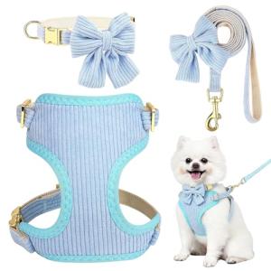 RoseYouth Dog Collar and Leash Set with Bowtie, Girl Dog Collars Metal Buckle Adjustable for Small Medium Dogs (Blue-Harness, S: Neck 10-16", Chest 13-16")