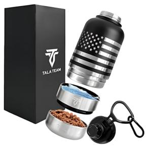 TALA TEAM Insulated Dog Water Bottle Portable (32oz) - Dog Travel Water Bottle with a Hook for Hiking & 2 Bowls Attached. Pet Travel Accessories, Puppy Essentials, Portable Pet Dispenser.