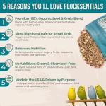 Flocksentials Organic Parakeet Food - No Fillers, Fatty Seeds, or Dyes - Budgies, Lovebirds & Parrotlets - Premium Human Grade Seed Mix, Grain & Wholesome Veggies – Made in USA (2 lbs)