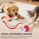 SilveWillo Interactive Electric Automatic Rolling Moving USB Rechargeable Self Activated Play Stimulation Toy Smart Chase Teaser Ball with Speedy Tail Rope for Bored Adult Indoor Cats Puppy Dogs, Red