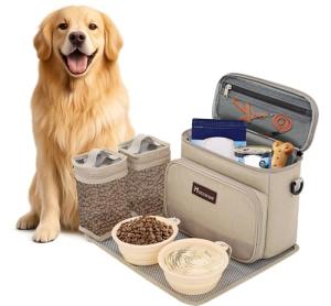 Modoker Dog Travel Bag Organizer for Supplies with 2 Food Containers, 2 Collapsible Bowls & Feeding Mat, Airline Approved Dog Travel Accessories Duffel Bag for Weekend Trips, Camping & Beach, Beige