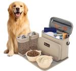 Modoker Dog Travel Bag Organizer for Supplies with 2 Food Containers, 2 Collapsible Bowls & Feeding Mat, Airline Approved Dog Travel Accessories Duffel Bag for Weekend Trips, Camping & Beach, Beige