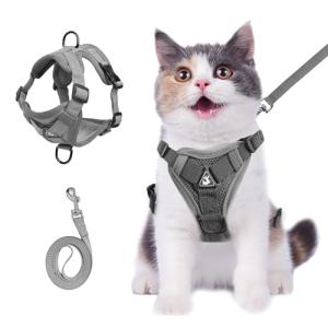 Wanheart cat Chest Harness and Leash, Anti-Escape Adjustable Soft mesh cat Leash and Chest Harness Set for All Types of Cats cat Vests (Grey, 6.6-9.9lb)