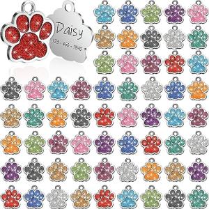Abbylike 60 Pcs Personalized Paw Print Pet Tag for Dogs and Cats, Blank Pet ID Tags Custom Glitter Paw for Cute Metal Cat Name Small DIY Engraved Puppy Name