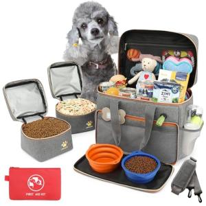 pmpete Dog Travel Bag for Traveling| Week Away/Overnight Dog Travel Accessories with Multi-Function Pockets|Pet Travel Set for Dog and Cat|Ideal Dog Diaper Bag and Dog Travel Kit(Grey)