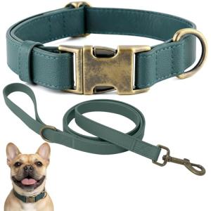 Dog Collar and Leash Set,Leather Silicone Waterproof Odor-Proof Dog Collar and Leash for Small Dogs, Soft Flexible Dog Collars, Durable Thick Adjustable Pet Collar (Green, Small (11-15.5" Neck))