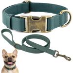 Dog Collar and Leash Set,Leather Silicone Waterproof Odor-Proof Dog Collar and Leash for Small Dogs, Soft Flexible Dog Collars, Durable Thick Adjustable Pet Collar (Green, Small (11-15.5" Neck))