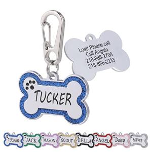 Aimeng Personalized Stainless Steel Pet ID Tags with Glittery Bone Design - DEEP Engraved Dog Tags Engraved for Pets Customized with 5 Lines Dogs and Cats Pets