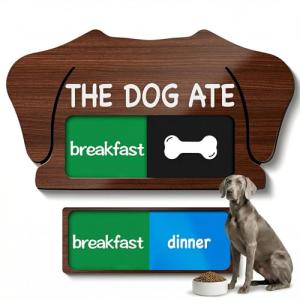 Dog Feeding Reminder Supplies, Pet Meal Tracker with The Dog Ate, Acrylic Unique Ear Shape 2 Area Feed Sign with Breakfast and Dinner, Walnut with 2 Stickers, 5.5" x 3", 1 Pack