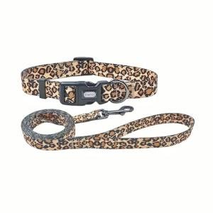 Olahibi Dog Collar Leash Set, Leopard Pattern, Polyester Material, Adjustable Collar and 5ft Matching Leash, for Large Dogs.(L, Brown Leopard)
