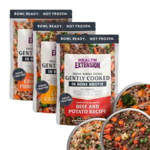 Health Extension Gently Cooked Dog Food Bundle - Chicken & Pumpkin, Beef & Potato, Fresh Lamb & Carrot (9 oz, 255 g, Pack of 3) – Bowl Ready with Bone Broth, Omega-3s & Superfoods for All Life Stages