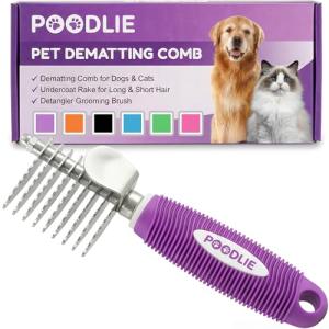 Poodle Dematting Fur Rake Comb Brush for Dogs and Cats - Long 2.5" Steel Safety Blades Metal Comb for Detangling Matted or Knotted Undercoat Hair