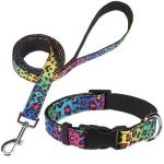 DILLYBUD Dog Collar and Leash Set for Small Dogs, Adjustable Soft Puppy Collar with Quick Release Buckle, 5FT Heavy Duty Nylon Matching Leash for Boy Girl Chihuahua, Yorki, Bulldog, Leopard XS