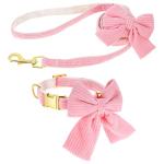 WJIAAA Dog Collar and Leash Set with Bowtie, Pink Cute Girl Dog Collars Bow Metal Buckle Adjustable Corduroy Dogs Collar 10‘’-16‘’for Small Medium Puppy Dogs with 5 FT Leash Pink S