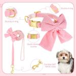 WJIAAA Dog Collar and Leash Set with Bowtie, Pink Cute Girl Dog Collars Bow Metal Buckle Adjustable Corduroy Dogs Collar 10‘’-16‘’for Small Medium Puppy Dogs with 5 FT Leash Pink S