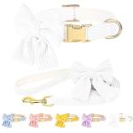 RoseYouth Dog Collar and Leash Set with Bowtie, Girl Dog Collars Metal Buckle Adjustable for Small Medium Dogs (White, M: Neck 13"-22" Leash 5 FT)
