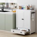 Dog Feeding Station with Storage, Metal Dog Food Storage Cabinet with 2 Elevated Bowls and 3 Hooks, Pet Feeding Station and Dogs Food Storage Organizer, White