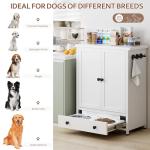 Dog Feeding Station with Storage, Metal Dog Food Storage Cabinet with 2 Elevated Bowls and 3 Hooks, Pet Feeding Station and Dogs Food Storage Organizer, White