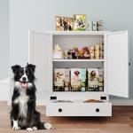 Dog Feeding Station with Storage, Metal Dog Food Storage Cabinet with 2 Elevated Bowls and 3 Hooks, Pet Feeding Station and Dogs Food Storage Organizer, White