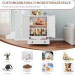 Dog Feeding Station with Storage, Metal Dog Food Storage Cabinet with 2 Elevated Bowls and 3 Hooks, Pet Feeding Station and Dogs Food Storage Organizer, White