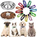 Patelai 2 Pcs Stainless Steel Puppy Dog Feeding Bowls with 12 Pcs Adjustable Pet Collars Puppy Feeder Bowls and Whelping Cat ID Collars