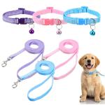 Guduling 3pcs Puppy Collar and Leash Set with Bell, Adjustable Collar and Leash for Small Dogs, Paw Print Collars for Puppy Small Dogs & Tiny Kitten (Purple, Pink, Blue)