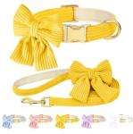 RoseYouth Dog Collar and Leash Set with Bowtie, Girl Dog Collars Metal Buckle Adjustable for Small Medium Dogs (Yellow, M: Neck 13"-22" Leash 5 FT)